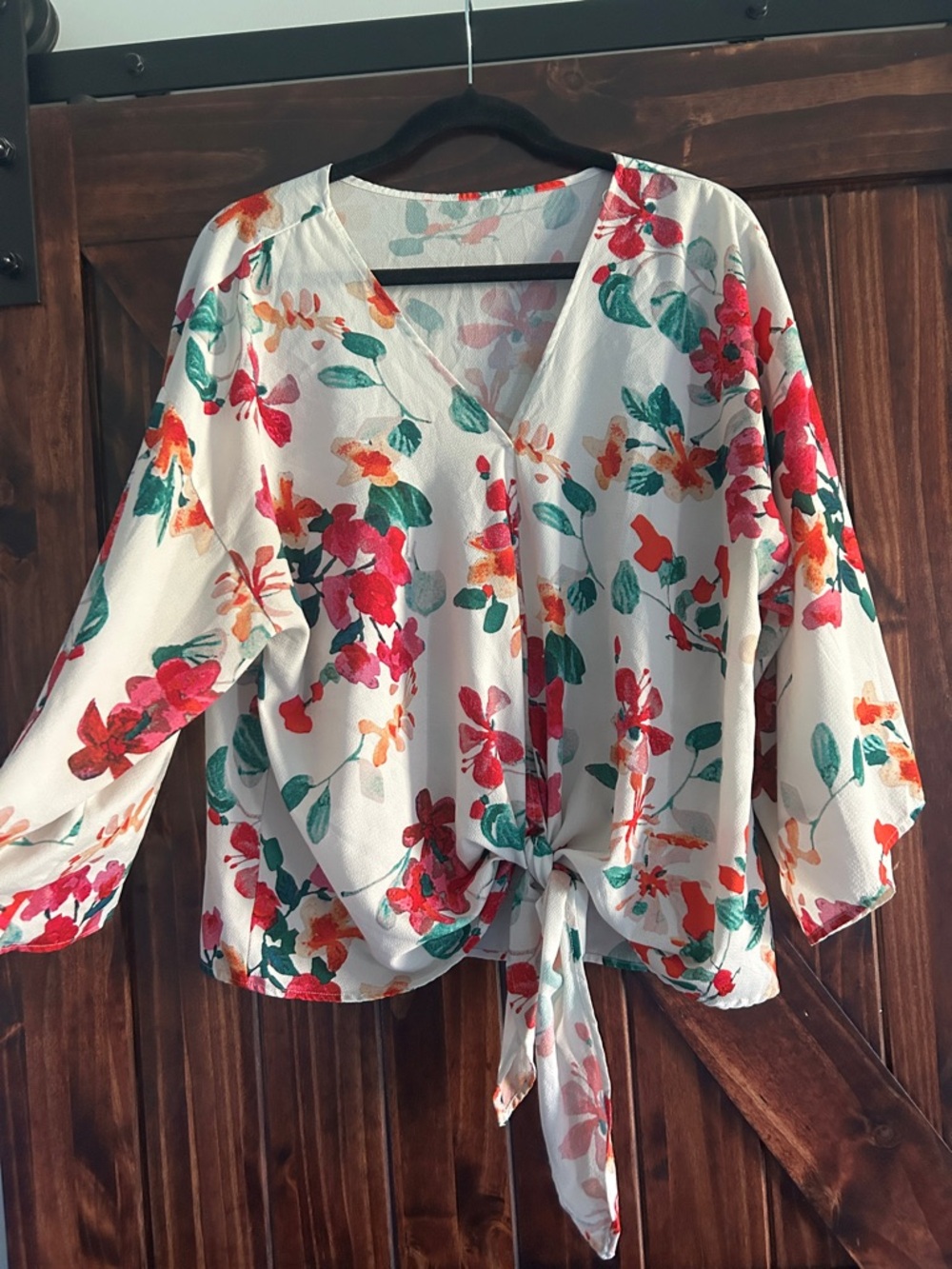 Floral Tie-Front V-Neck Blouse - White with Red & Green Floral Print